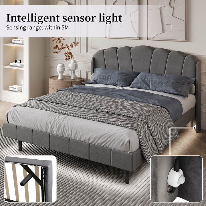 King Size Velvet Fabric Upholstered Bed with Body-Sensing LED Lights and Wood Slatted Frame