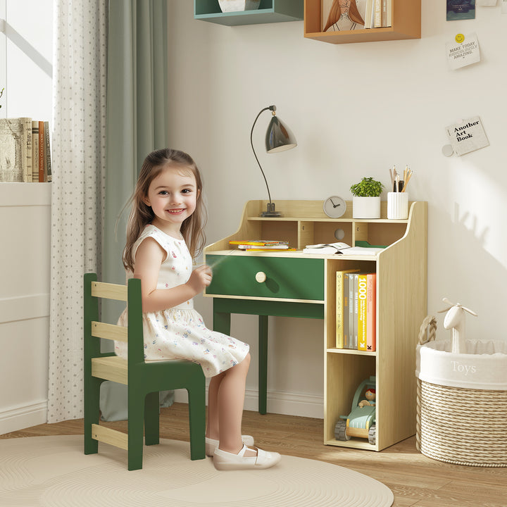 Kids Desk and Chair Set with Storage Shelves and Drawer