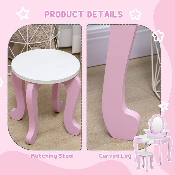 Kids Dressing Table Set Kids Vanity Set Girl Makeup Desk with Mirror Stool Drawer Round Legs for 3-6 Years Old