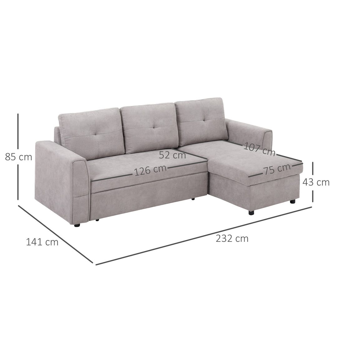 Linen-Look L-Shaped Sofa Bed Reversible Couch w/ Storage Sectional Bed Seat Set Sleeper Futon Flat Studio Furniture - Grey