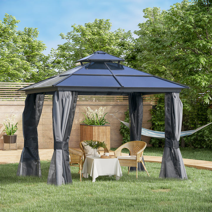 3 x 3(m) Polycarbonate Hardtop Gazebo Canopy with Double-Tier Roof and Aluminium Frame