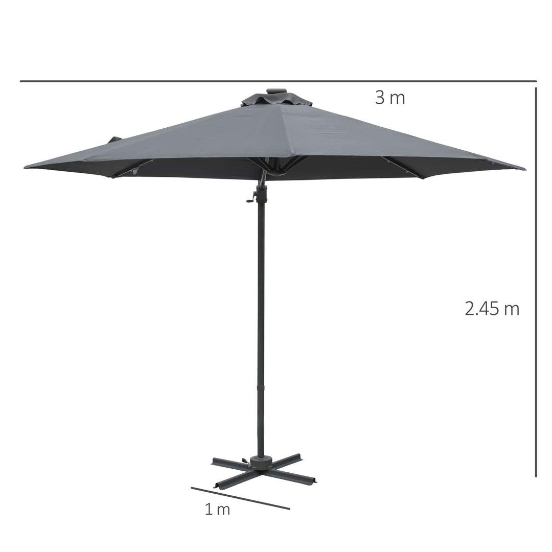 3(m) Square Outdoor Umbrella Patio Sun Umbrella with Crank & Tilt LED Solar Light Cross Base 360° Rotating Outdoor