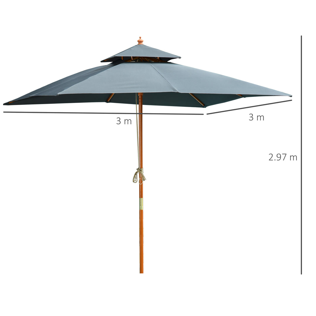 3x3(m) Wood Square Patio Umbrella Garden Market Parasol Sunshade Canopy with 2 Pulley Pagoda Style Dark Grey