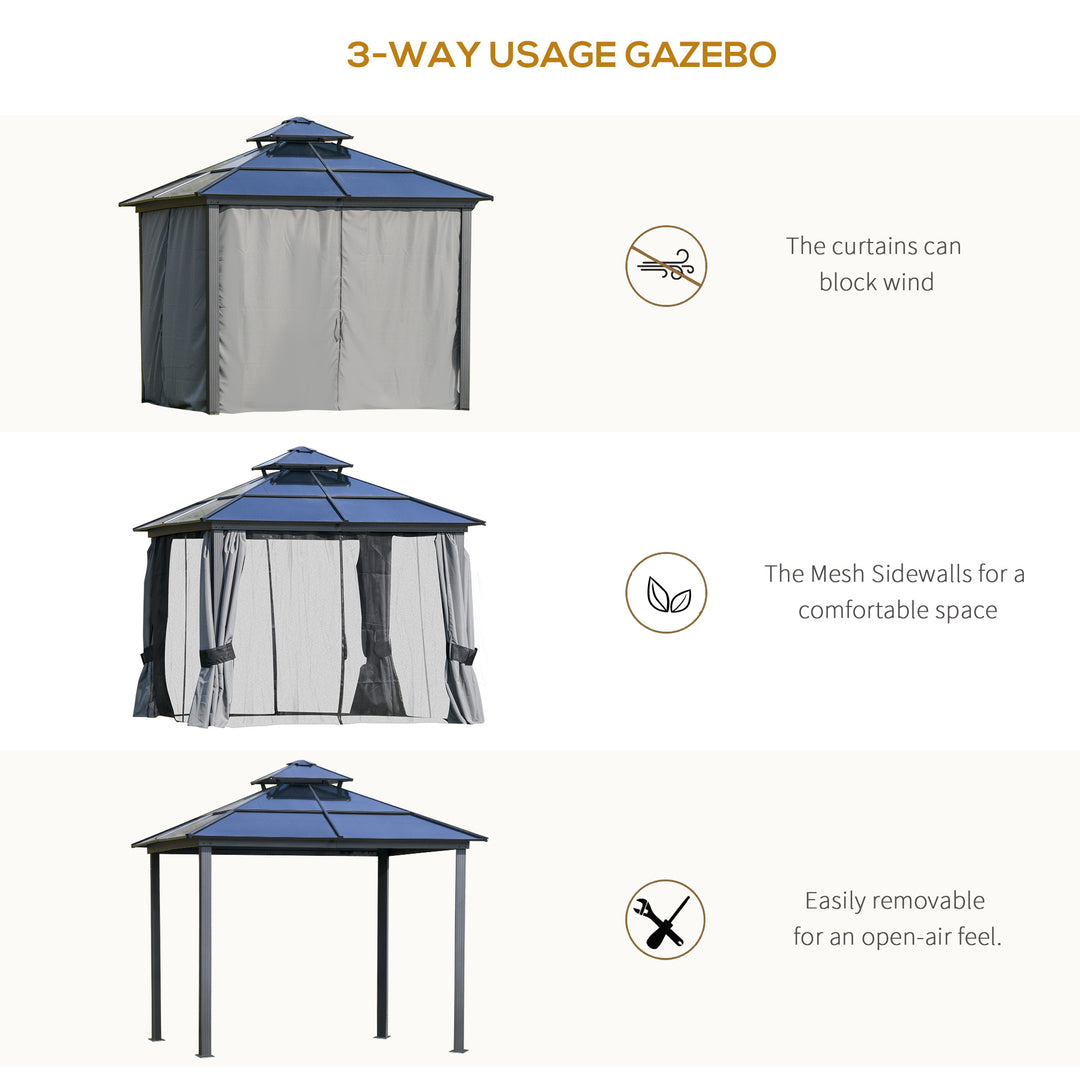 3 x 3(m) Polycarbonate Hardtop Gazebo Canopy with Double-Tier Roof and Aluminium Frame