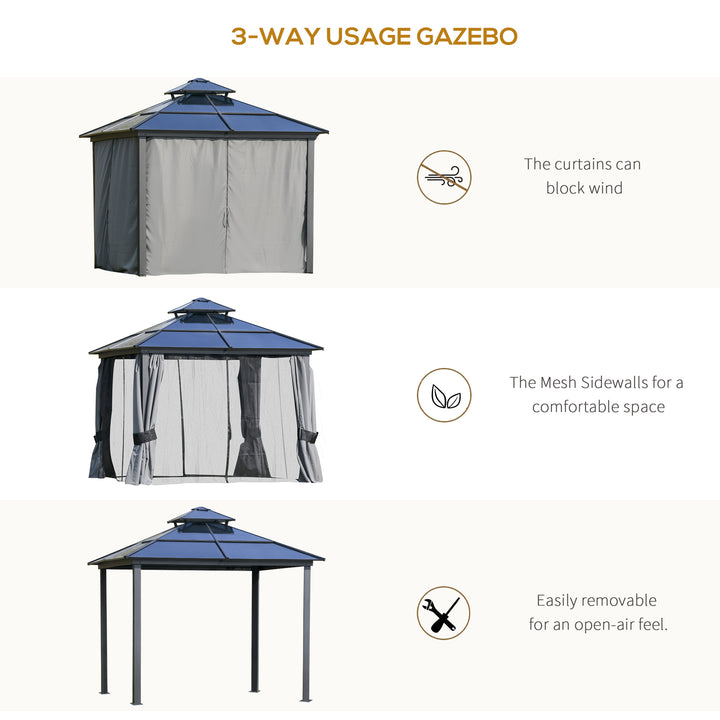 3 x 3(m) Polycarbonate Hardtop Gazebo Canopy with Double-Tier Roof and Aluminium Frame