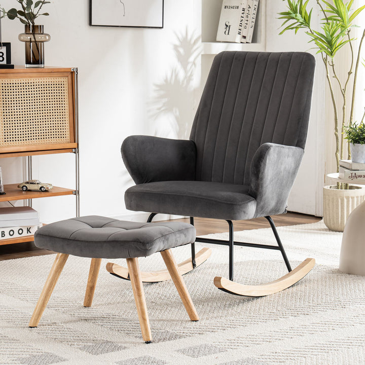 Footstool Armchair Rocking Chair with Metal Frame and Solid Wood Legs