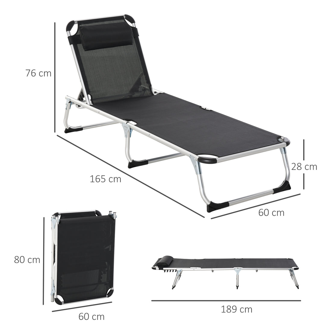 Foldable Reclining Sun Lounger Lounge Chair Camping Bed Cot with Pillow 5-Level Adjustable Back Aluminium Frame Black