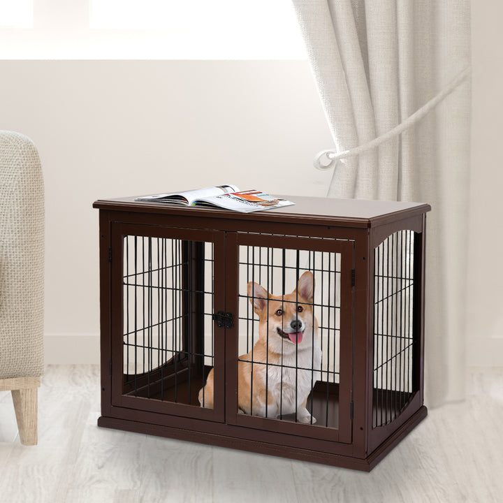 66cm Modern Indoor Pet Cage w/ Metal Wire 3 Doors Latches Base Small Animal House Tabletop Crate Decorative Stylish Brown