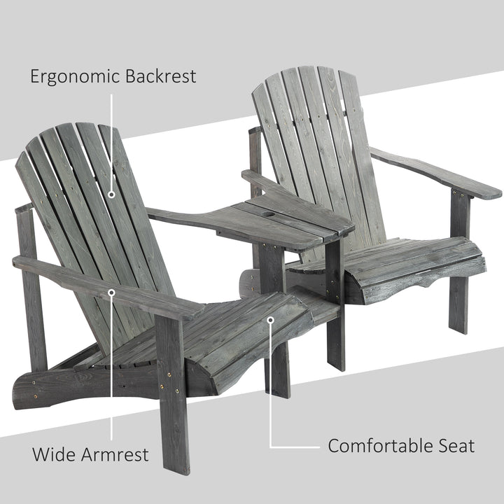 Wooden Outdoor Double Adirondack Chairs Loveseat w/ Center Table & Umbrella Hole