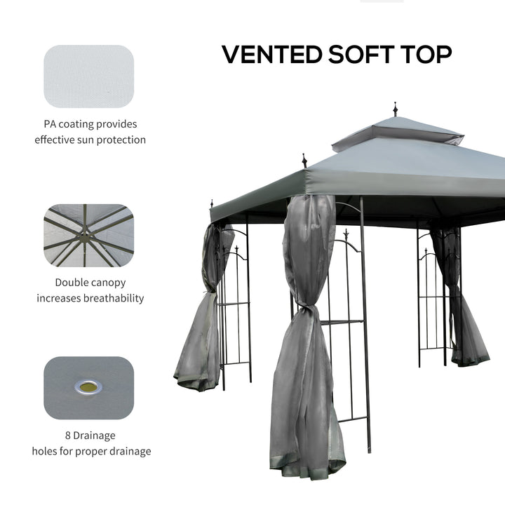 3(M)x3(M) Garden Gazebo Double Top Outdoor Canopy Patio Event Party Wedding Tent Backyard Sun Shade with Mesh Curtain - Grey