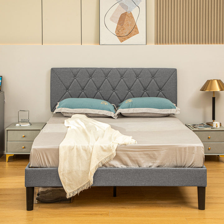 Double Bed Frame with 5-Level Adjustable Linen Upholstered Headboard