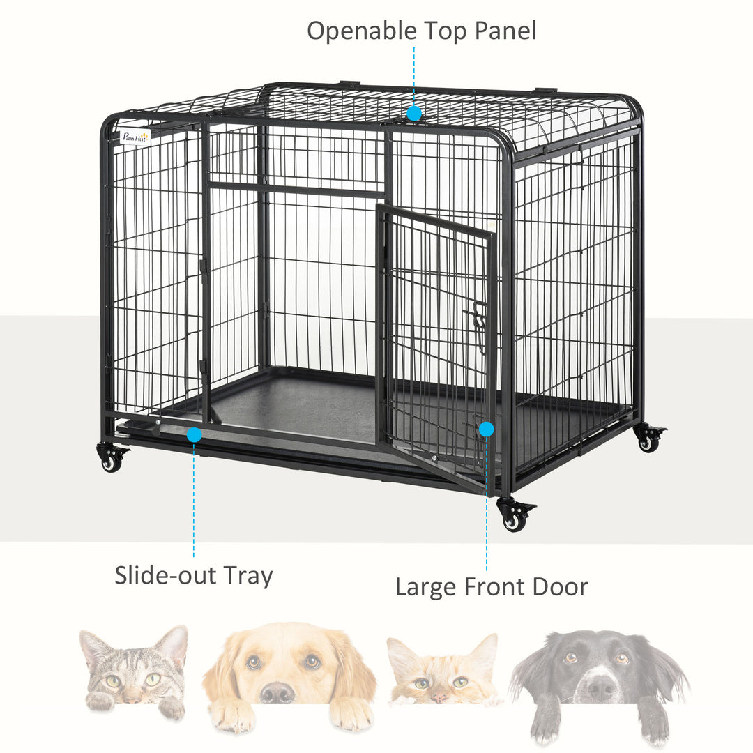 Heavy Duty Dog Crates Foldable Indoor Dog Kennel & Dog Cage Pet Playpen w/ Double Doors Removable Tray Lockable Wheels Openable Top