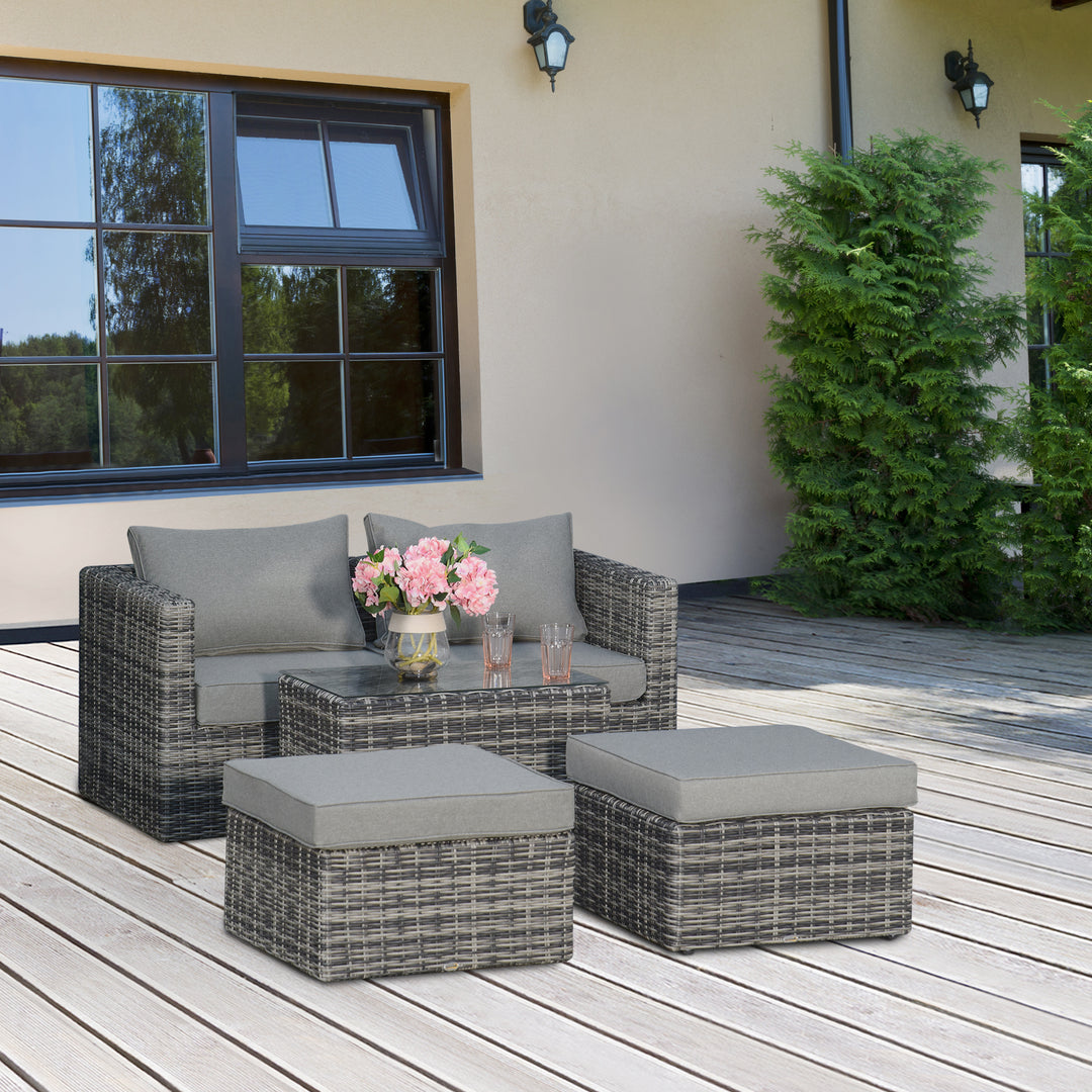 2 Seater Rattan Garden Furniture Set w/ Tall Glass-Top Table Aluminium Frame Balcony Sofa