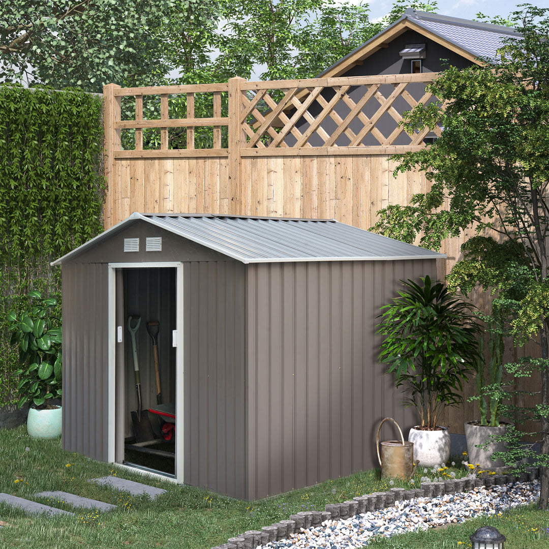 9 x 6 ft Metal Garden Storage Shed Sloped Roof Tool House with Foundation Ventilation & Double Door