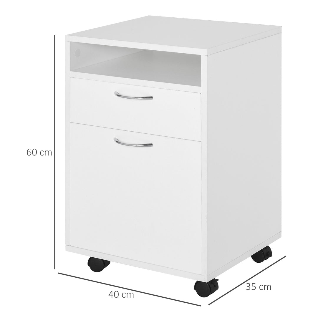 60cm Storage Cabinet w/ Drawer Open Shelf Metal Handles 4 Wheels Office Home Organiser Mobile Printer White