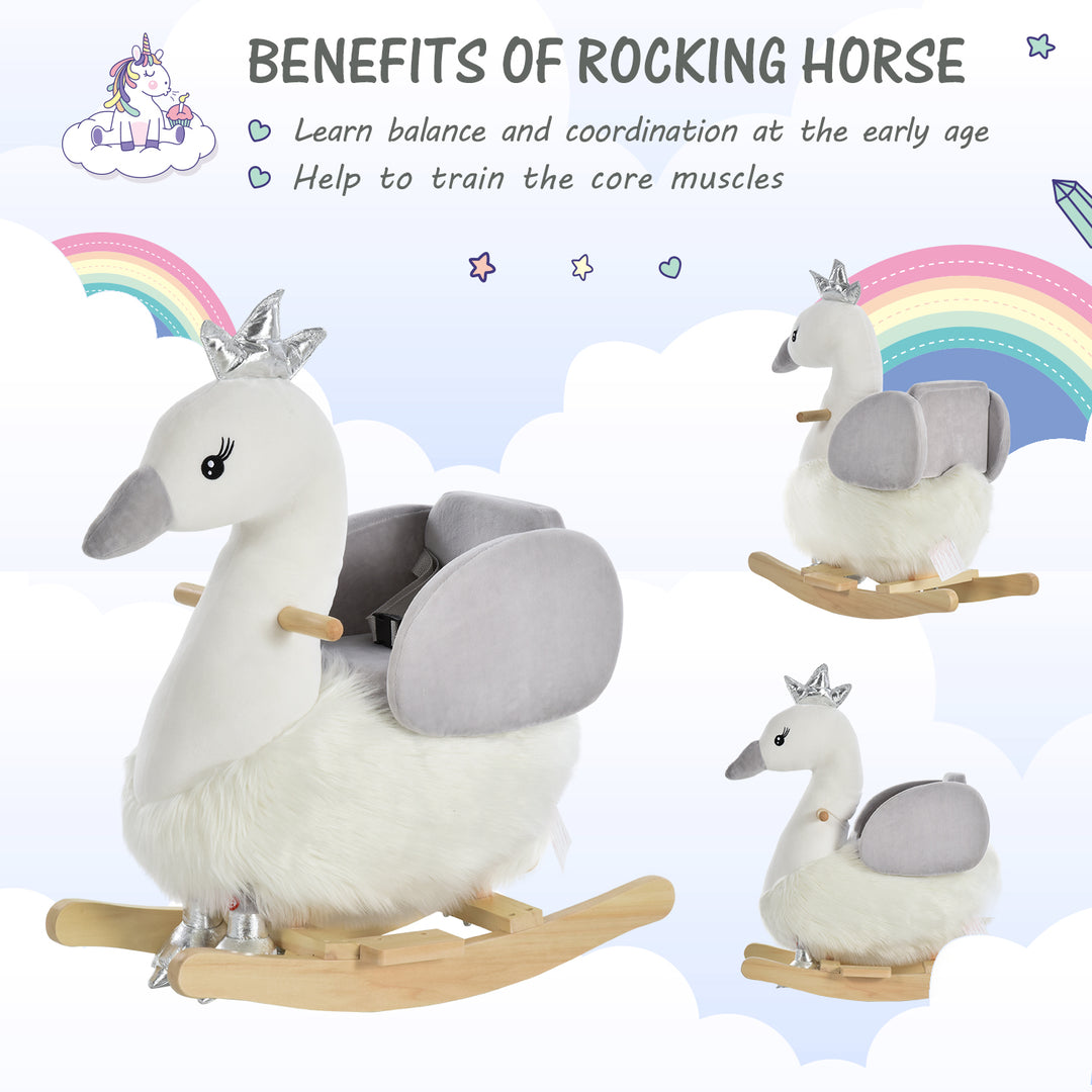 Kids Plush Ride-On Rocking Animal Horse Swan-shaped Toy Rocker with Realistic Sounds for Toddler 18-36 Months