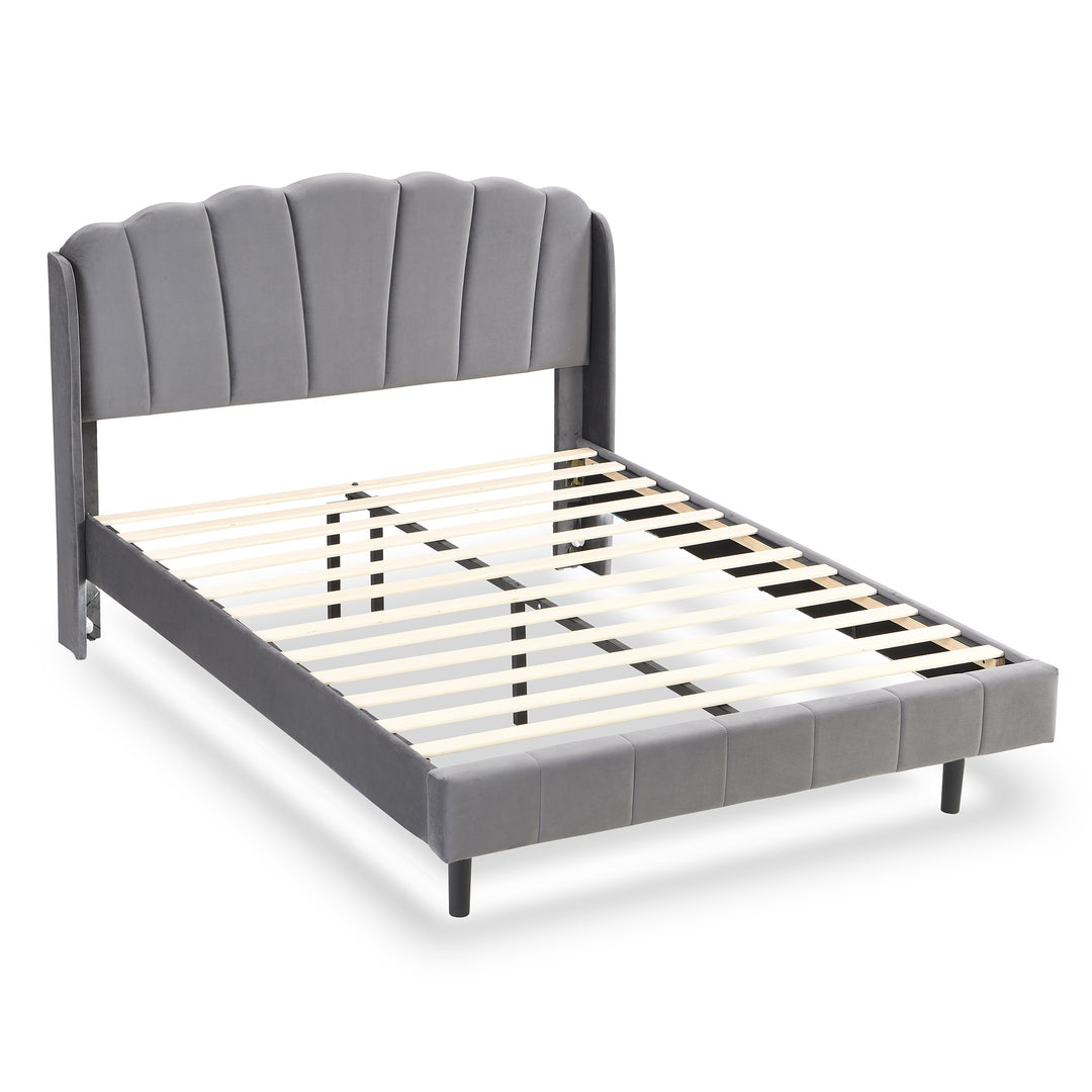 King Size Velvet Fabric Upholstered Bed with Body-Sensing LED Lights and Wood Slatted Frame