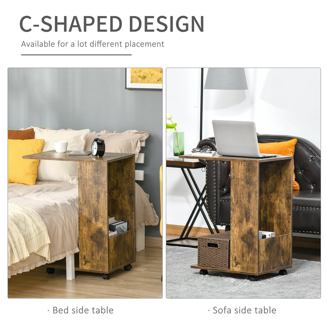 Mobile Sofa Side Table C-Shape End Table with Storage and Casters for Laptop Coffee Snack