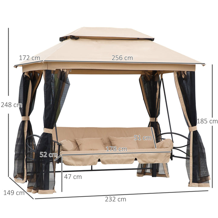 3 Seater Swing Chair 3-in-1 Convertible Hammock Bed Gazebo Patio Bench Outdoor with Double Tier Canopy