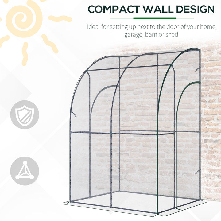 Walk-In Greenhouse Lean to Wall Tunnel Greenhouse with Zippered Roll Up Door PVC Cover Sloping Top