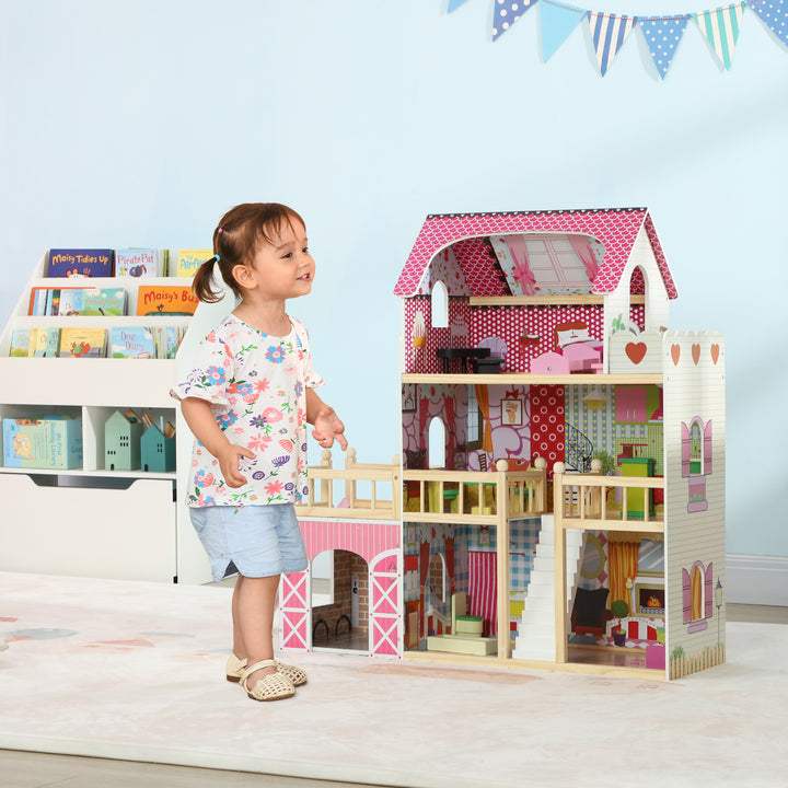 3 Storey Dolls House Play Set with 13 Pieces Wooden Furniture and Accessories for 3-6 Years