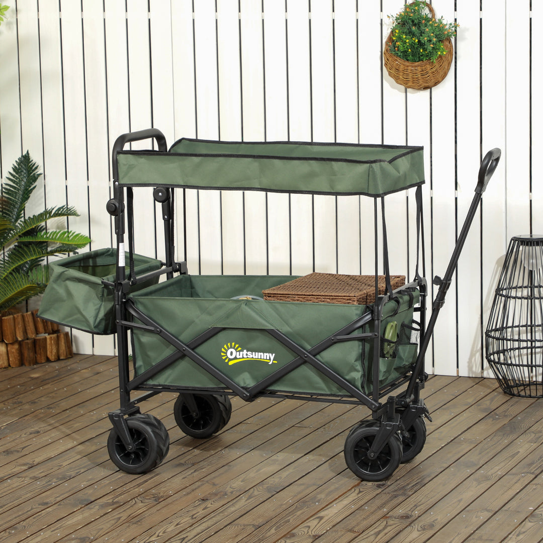 Folding Trolley Cart Storage Wagon Beach Trailer 4 Wheels with Handle Overhead Canopy Cart Push Pull for Camping