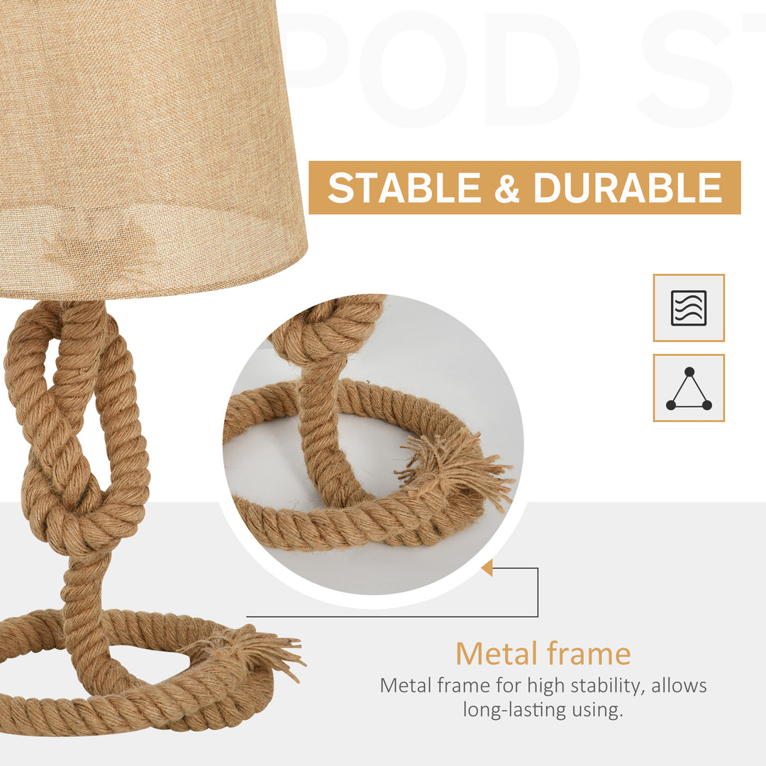 Nautical Style Rope-Base Table Lamp w/ Fabric Lampshade Metal Frame Power Switch Unique Lighting Furnishing Living Room Beige