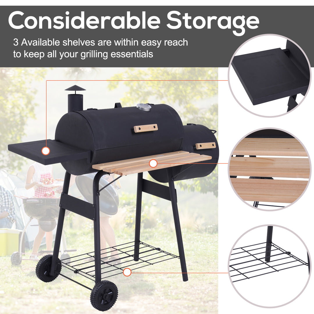 Charcoal Barbecue Grill Garden Portable BBQ Trolley w/ Offset Smoker Combo