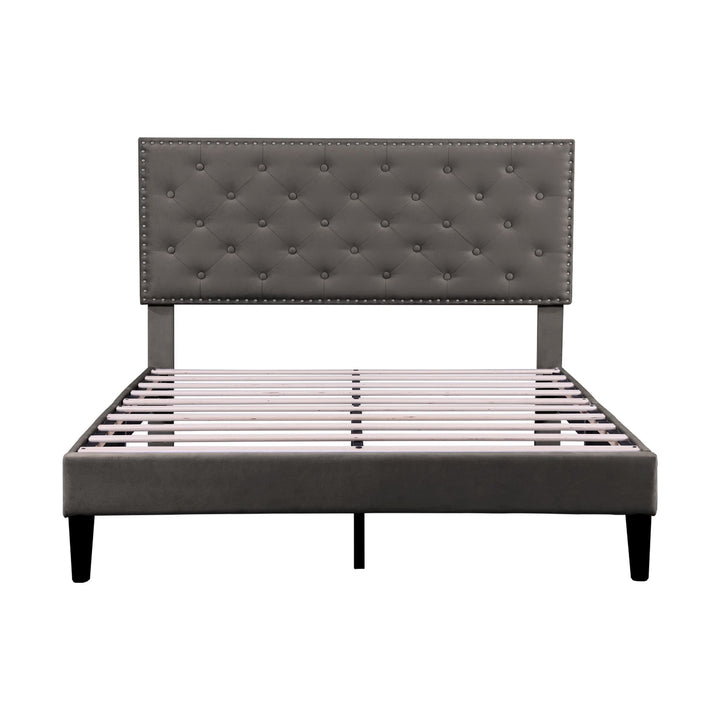 Velvet Upholstered Double Bed Frame with Adjustable Button-Tufted Headboard