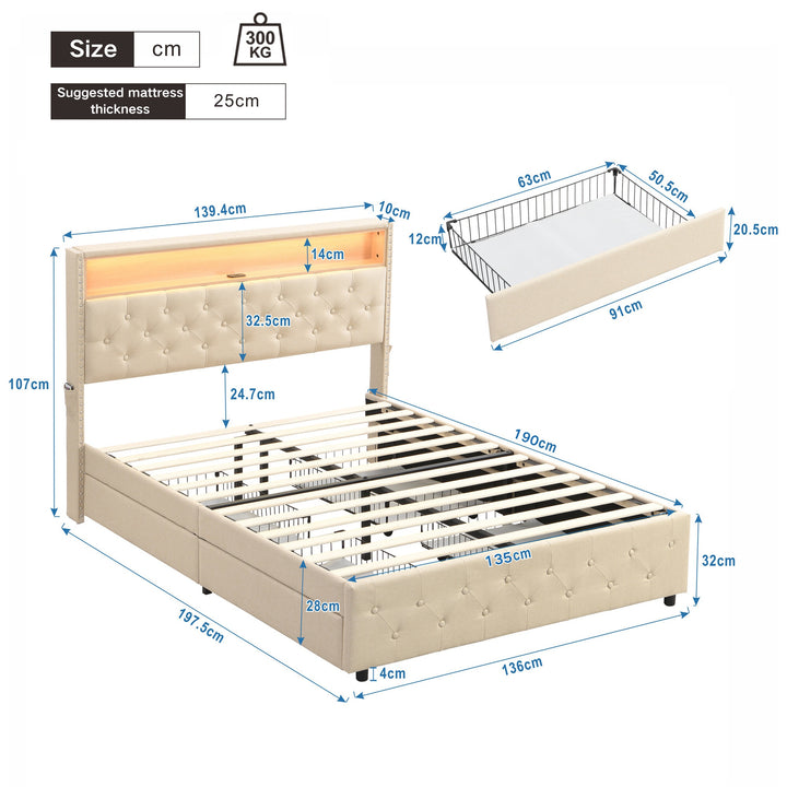 Double Linen Upholstered Bed with LED Lights and Four Storage Drawers