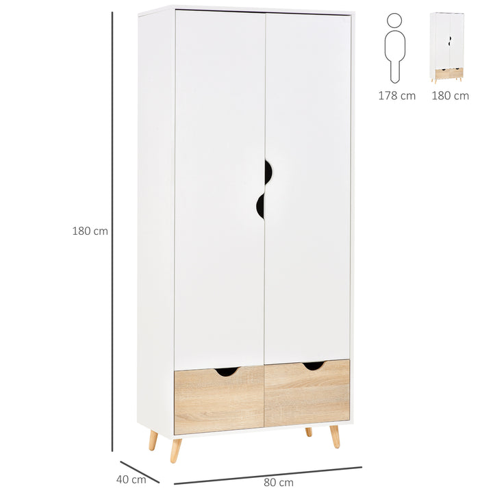 2-Door Clothes Wardrobe w/ Rail Shelf 2 Drawers Wood Feet Elegant Home Storage Organisation Furniture Dresses Coats Blankets White