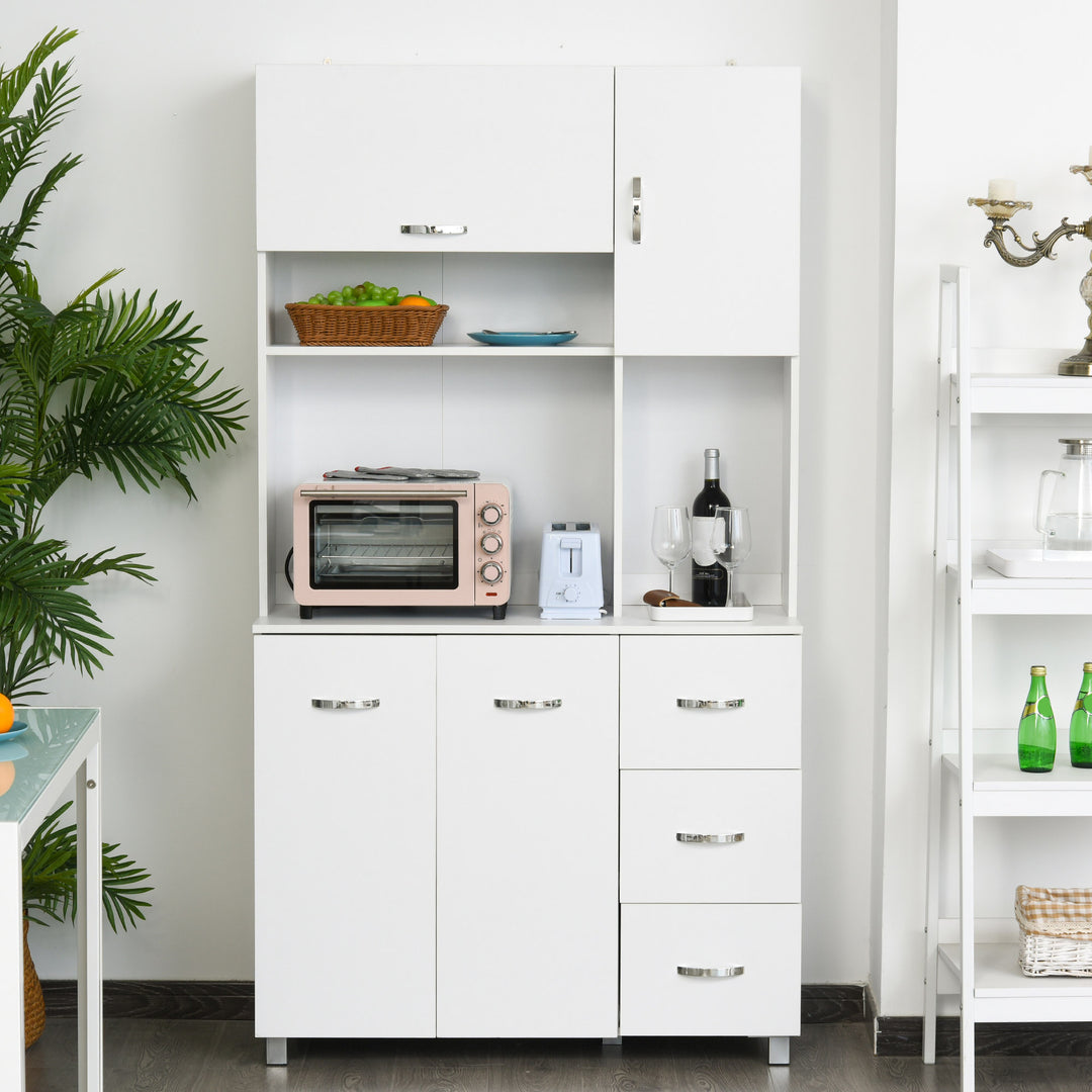 Freestanding Kitchen Storage Unit w/ Cupboard Cabinets Open Compartments Drawers Metal Handles Side Shelf Server Organisation Furniture White