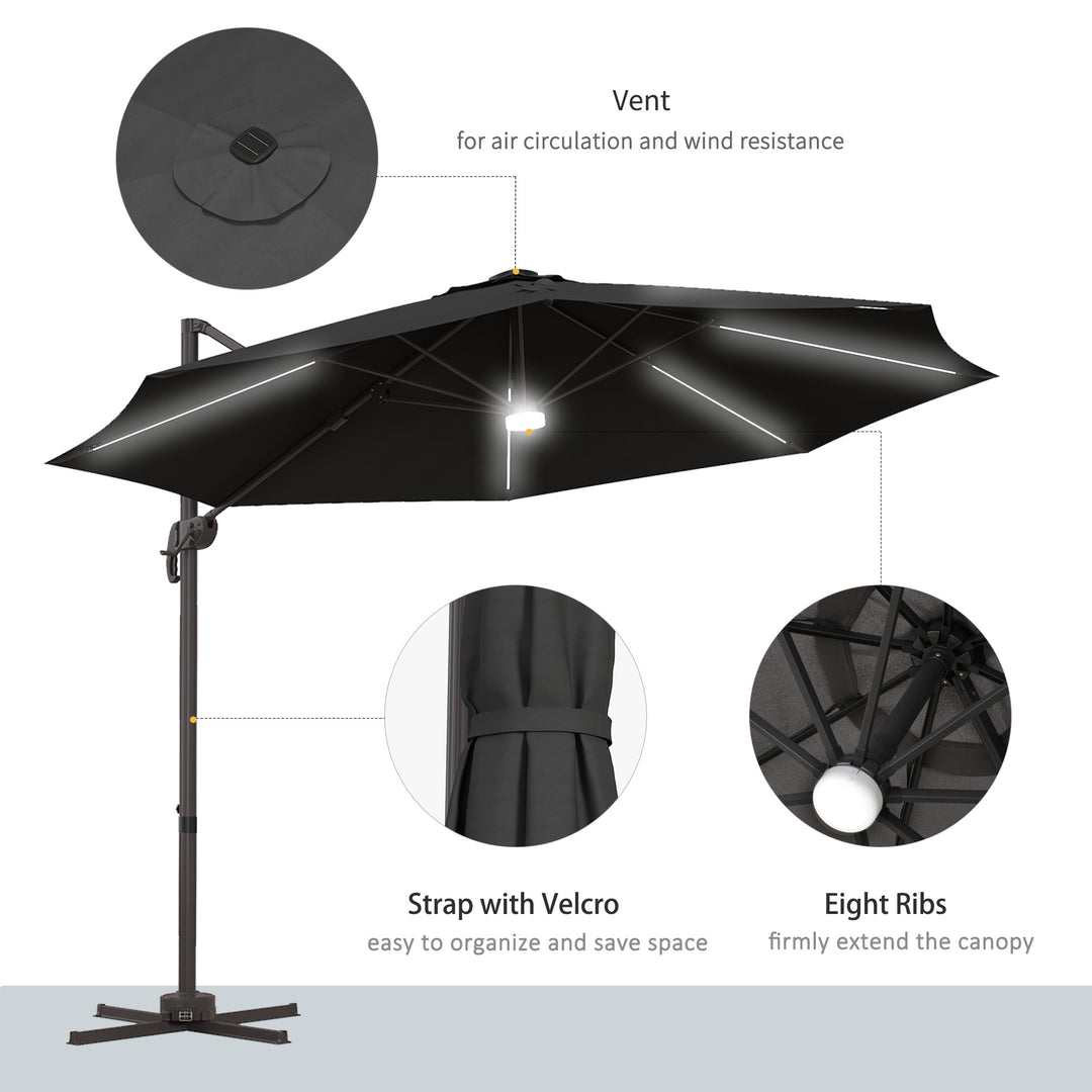 Waterproof 3(m) LED Cantilever Parasol Outdoor Sun Umbrella w/ Base Solar Lights Dark Grey