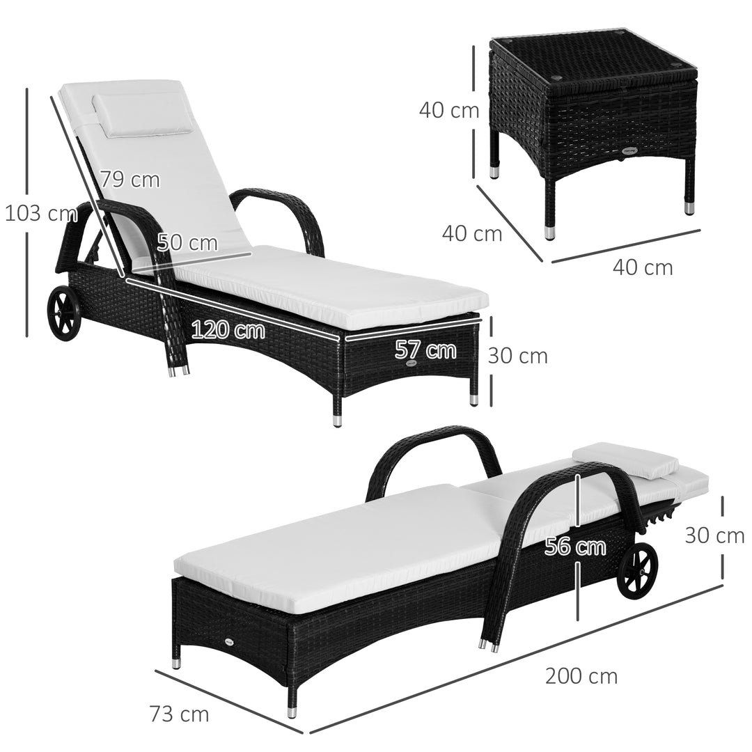 3 Pieces Patio Lounge Chair Set Garden Wicker Wheeling Recliner Outdoor Daybed