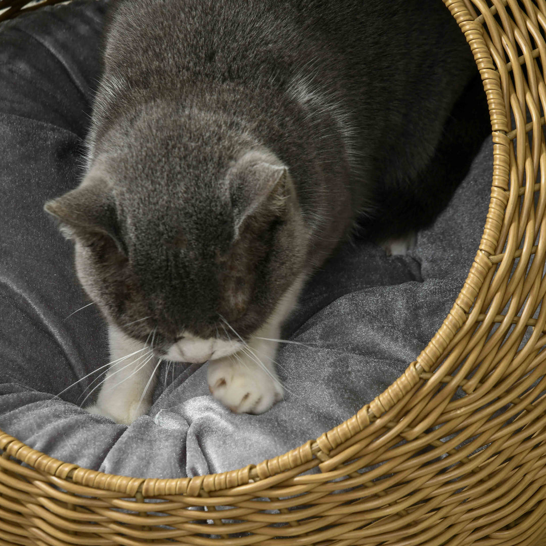 Wicker Cat House with Washable Cushion for Indoor Cats