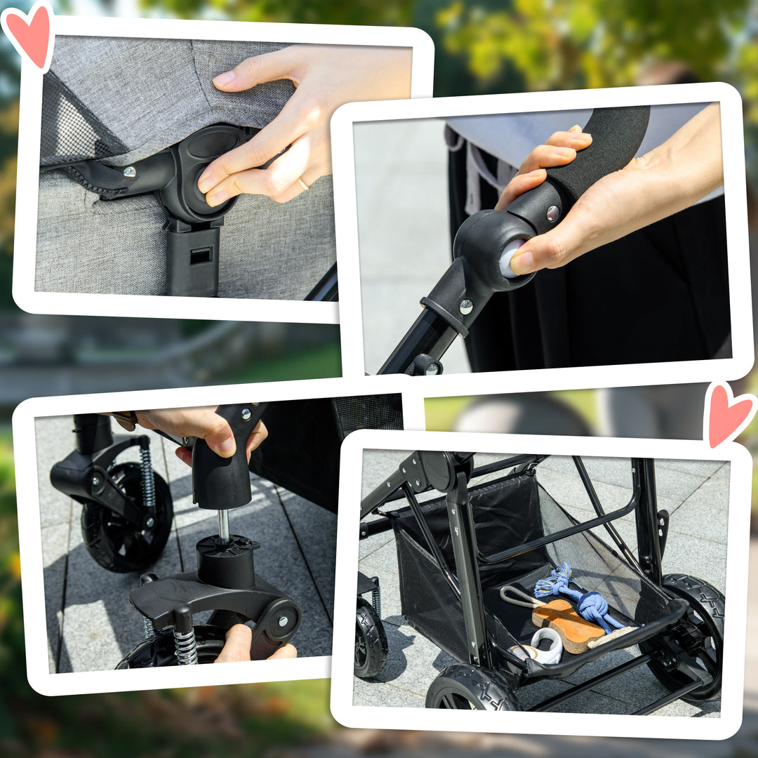 2-In-1 Design No-Zip Pet Stroller Detachable Bag Travel Trolley w/ Shock-absorbing System Brake Basket Adjustable Handlebar