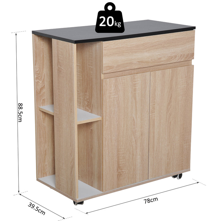 Kitchen Storage Trolley Cart Cupboard Rolling Island Shelves Cabinet With Door and Drawer Locking Wheels