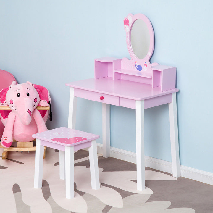 2 PCS Kids Wooden Dressing Table & Stool Girls Vanity Table Makeup Table Set w/ Mirror Drawers Role Play for Toddlers 3 Year+