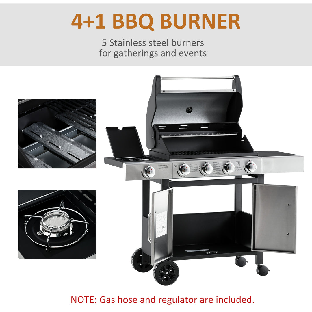 Gas Burner Barbecue Grill 4+1 Burner Garden BBQ Trolley w/ Side Burner Warming Rack Side Shelves Piezo Ignition Thermometer