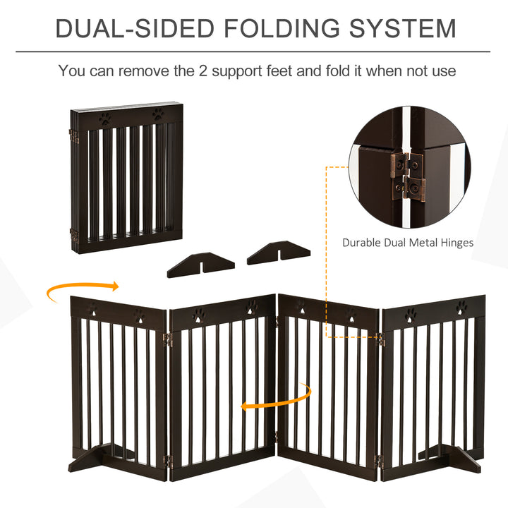 Freestanding Pet Gate 4 Panel Wooden Dog Barrier Folding Safety Fence with Support Feet up to 204cm Long 61cm Tall for Doorway Stairs Brown