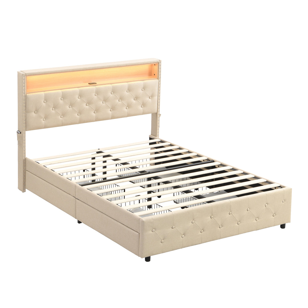 King Size Double Drawer Bed with LED Lights and Wood Slatted Frame