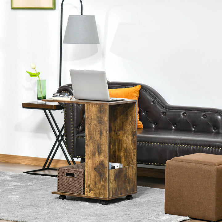 Mobile Sofa Side Table C-Shape End Table with Storage and Casters for Laptop Coffee Snack