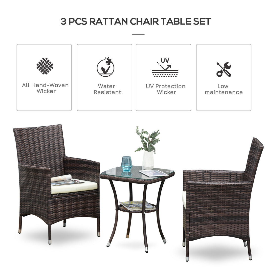 Waterproof Garden Outdoor Rattan Furniture Bistro Set 3 PCs Patio Weave Companion Chair Table Set Conservatory (Brown)