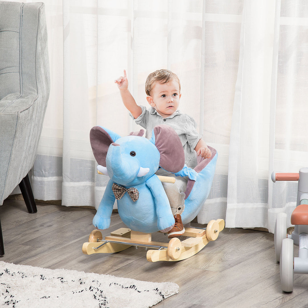 2 In 1 Plush Baby Ride on Rocking Horse Elephant Rocker with Wheels Wooden Toy for Kids 32 Songs (Blue)