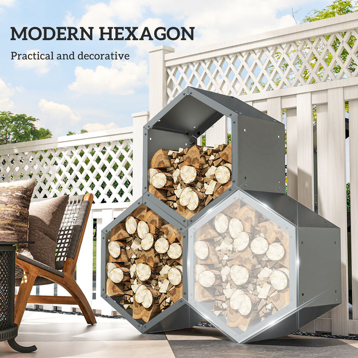 Three-Shelf Hexagon Metal Firewood Rack - Grey