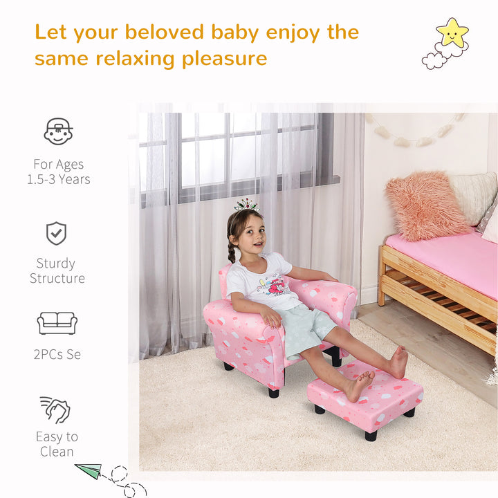 Kids Children Armchair Mini Sofa Wood Frame w/ Footrest Anti-Slip Legs High Back Arms Bedroom Playroom Furniture Cute Cloud Pink