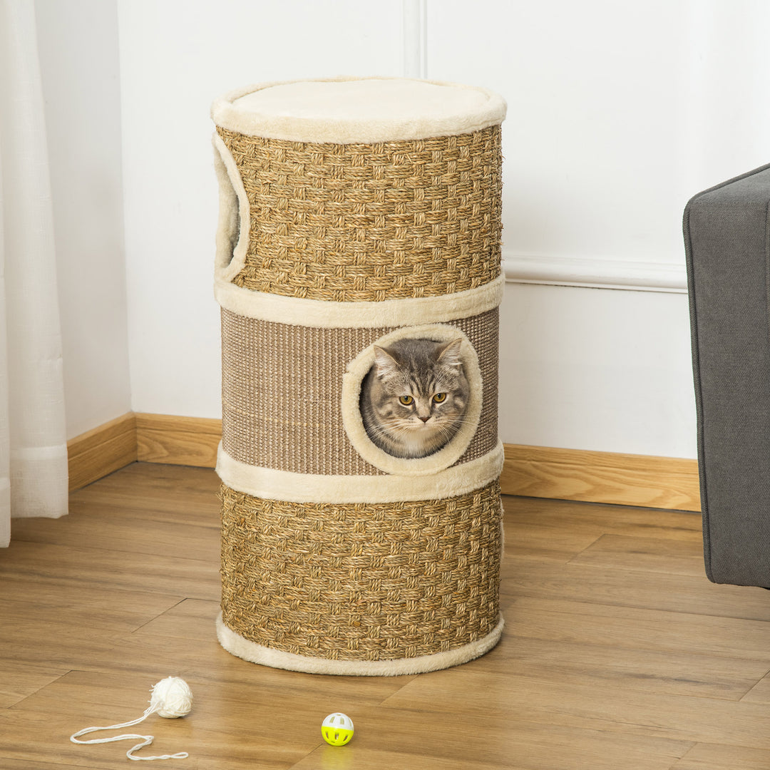 Cat Scratching Barrel Kitten Tree Tower Pet Furniture Climbing Frame Covered with Sisal and Seaweed Rope Cozy Platform Soft Plush