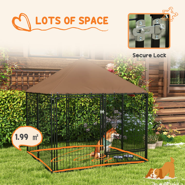 Outdoor Dog Kennel Puppy Play Pen with Canopy Garden Playpen Fence Crate Enclosure Cage Rotating Bowl 141 x 141 x 151 cm