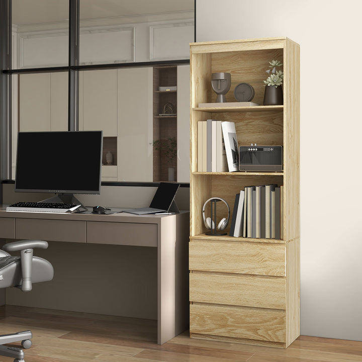 HOMCOM 180cm Tall Bookcase with 3 Shelves & 3 Drawers, Oak Tone