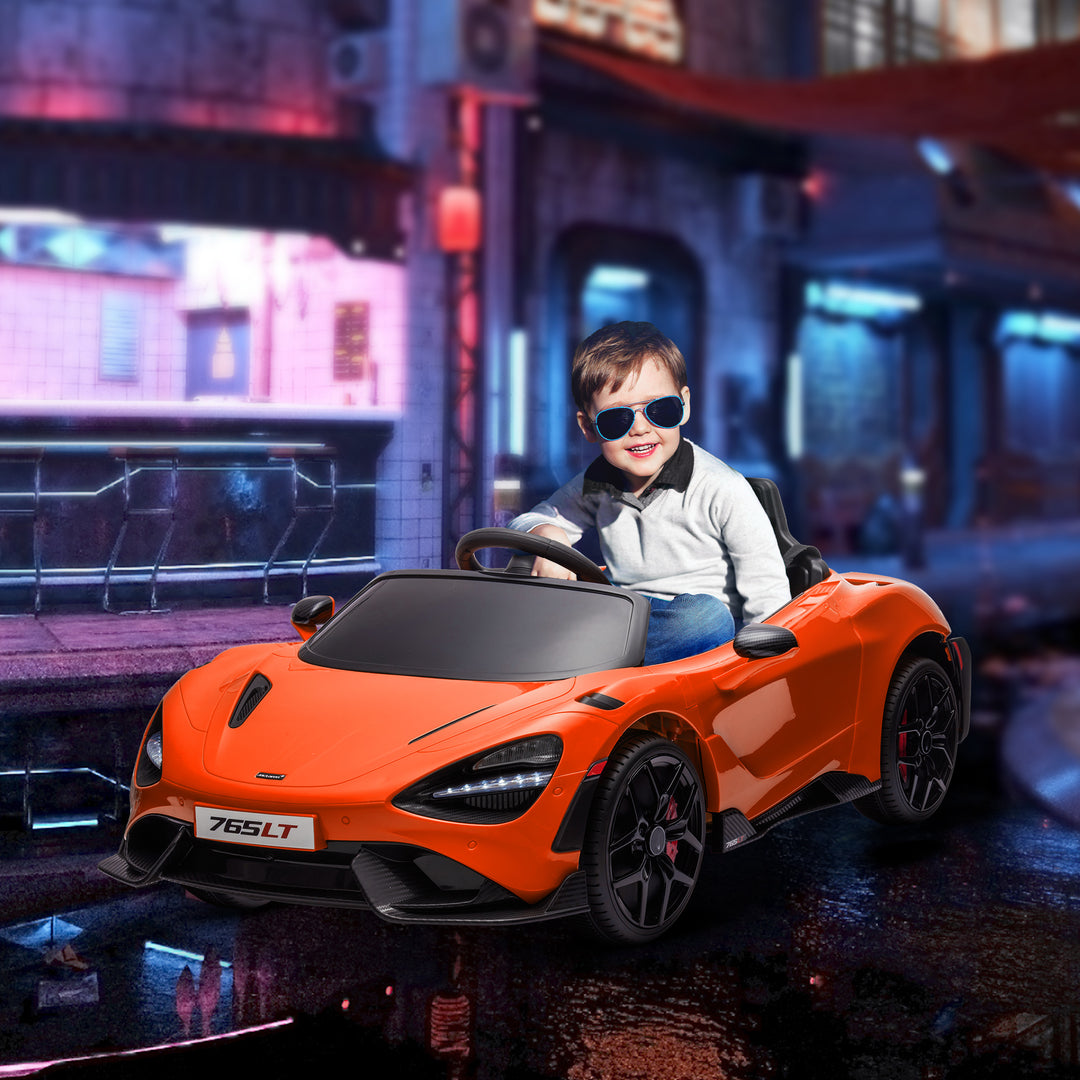 McLaren 765LT Licensed 12V Kids Electric Ride on Car with Butterfly Doors Remote Control Training Wheels Orange